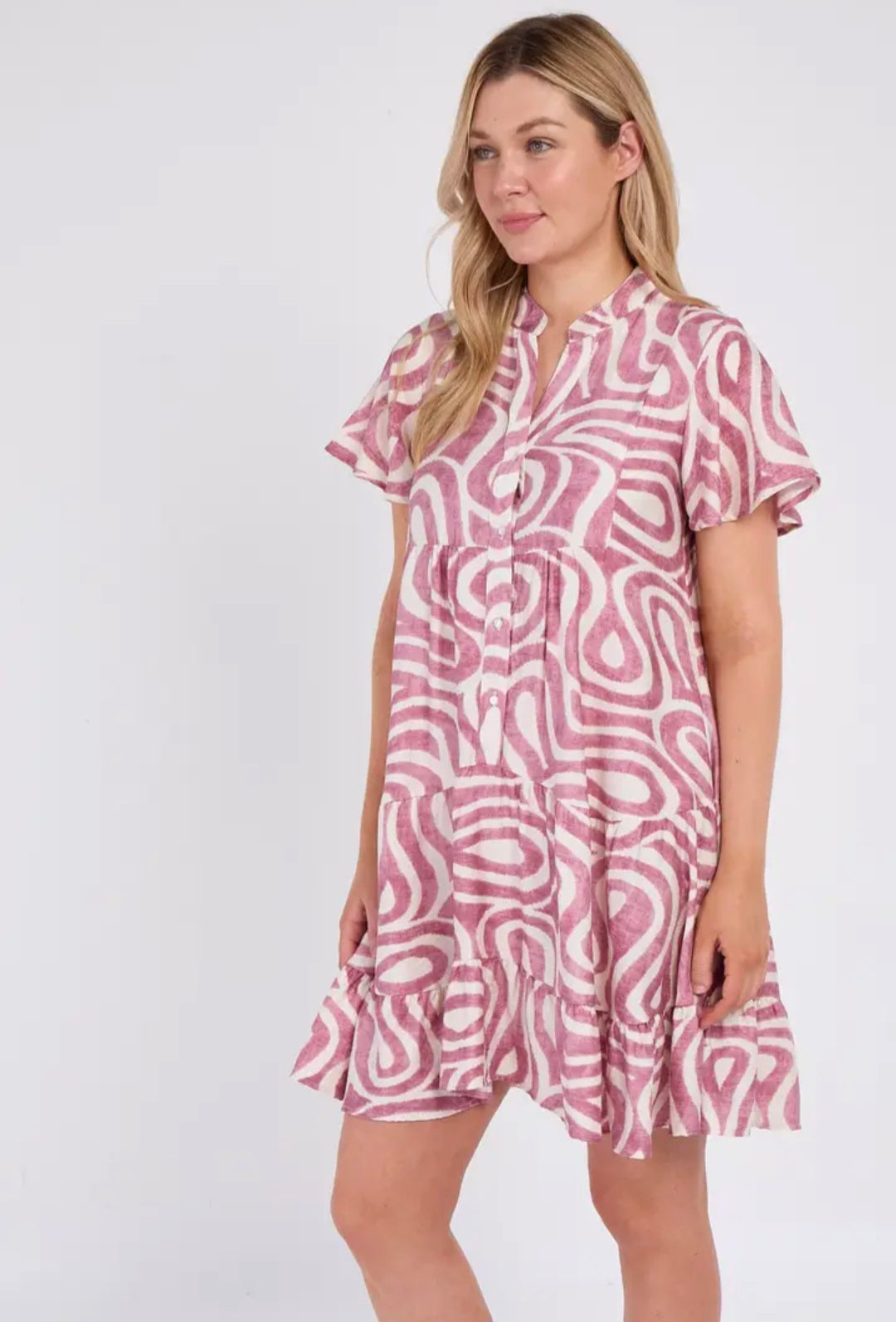 Mauve Twirl Print Short Sleeve Flared Mini Dress