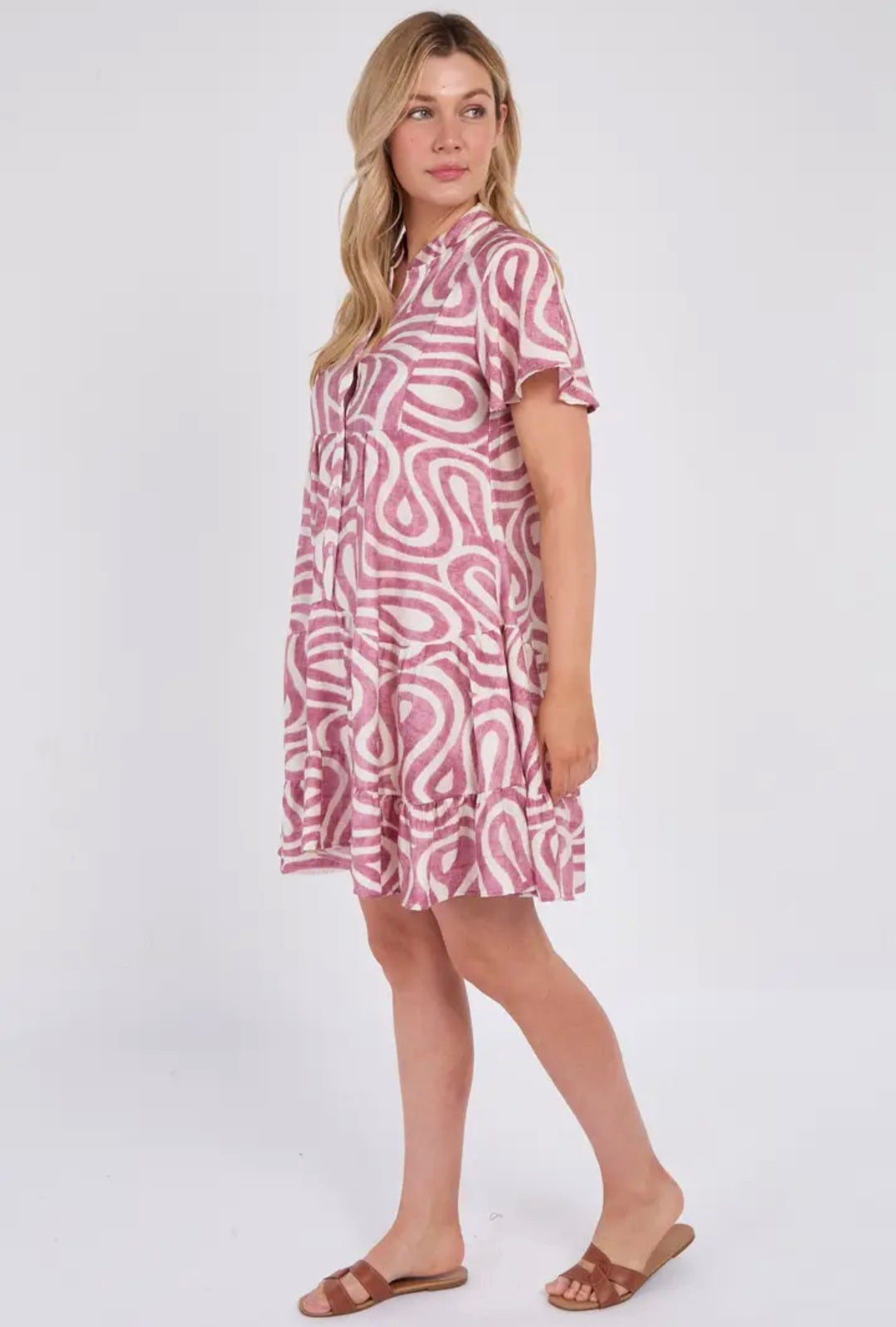 Mauve Twirl Print Short Sleeve Flared Mini Dress