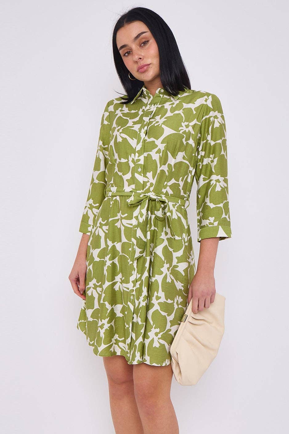 Olive Floral Print Belted Mini Shirt Dress