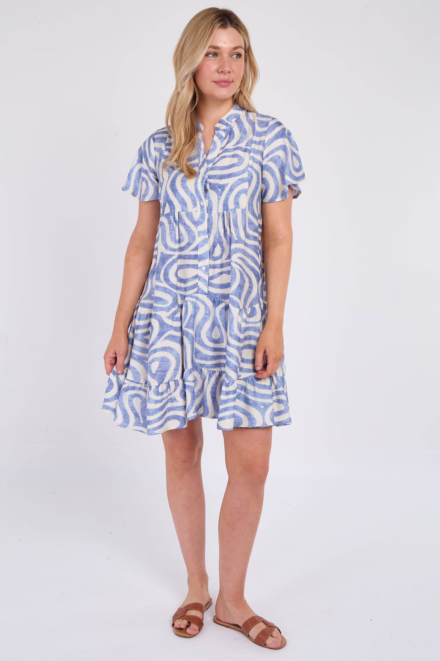 Blue Twirl Print Short Sleeve Flared Mini Dress
