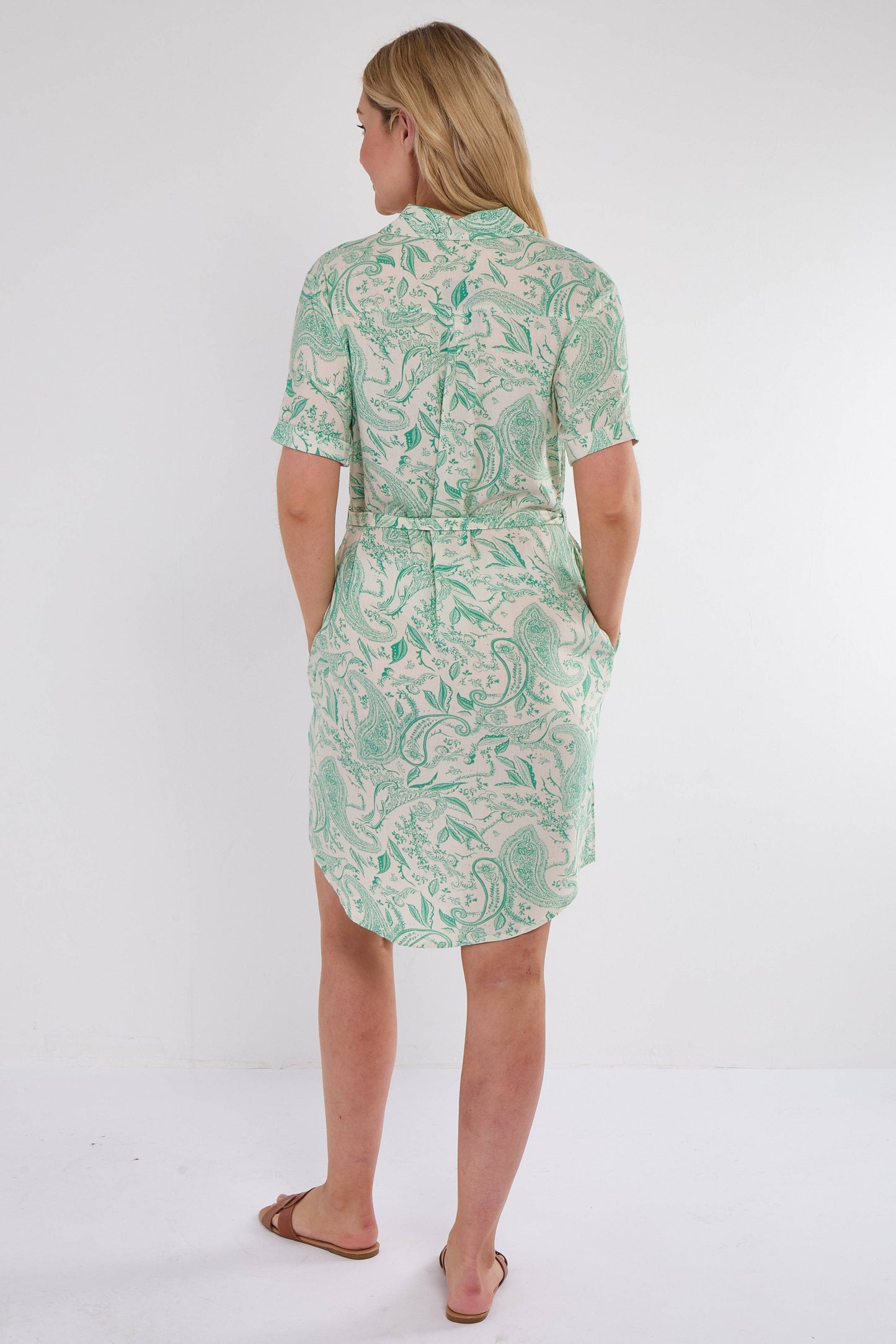 Green Paisley Print Short Sleeve Mini Shirt Dress