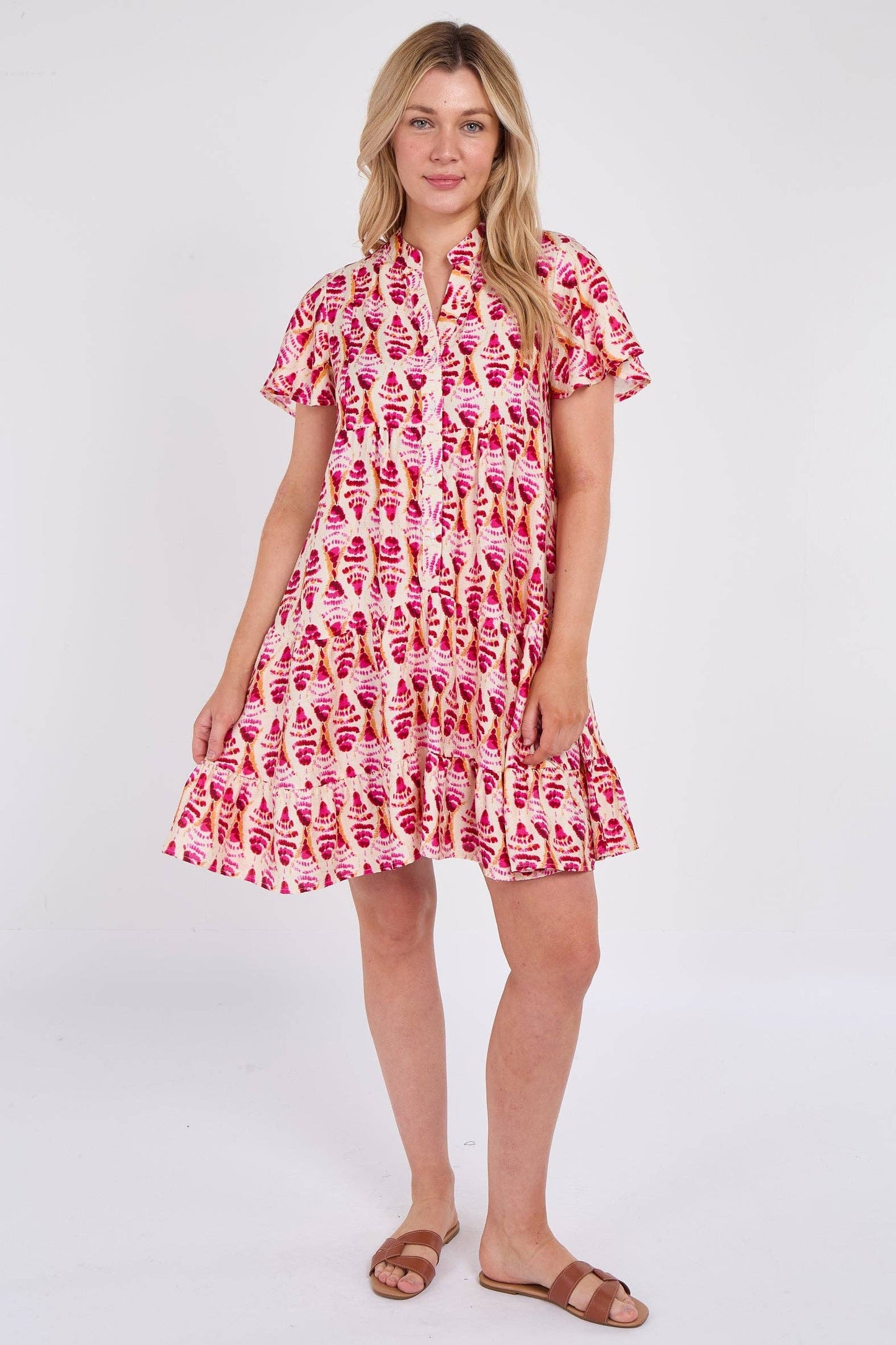Pink Patterned Print Ruffle Hem Mini Dress