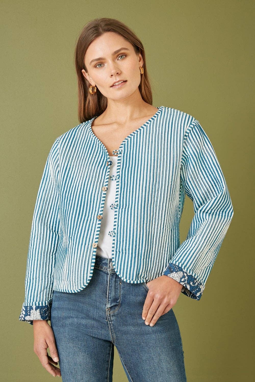 Yumi Blue Patchwork Print Reversible Cotton Quilted Jacket