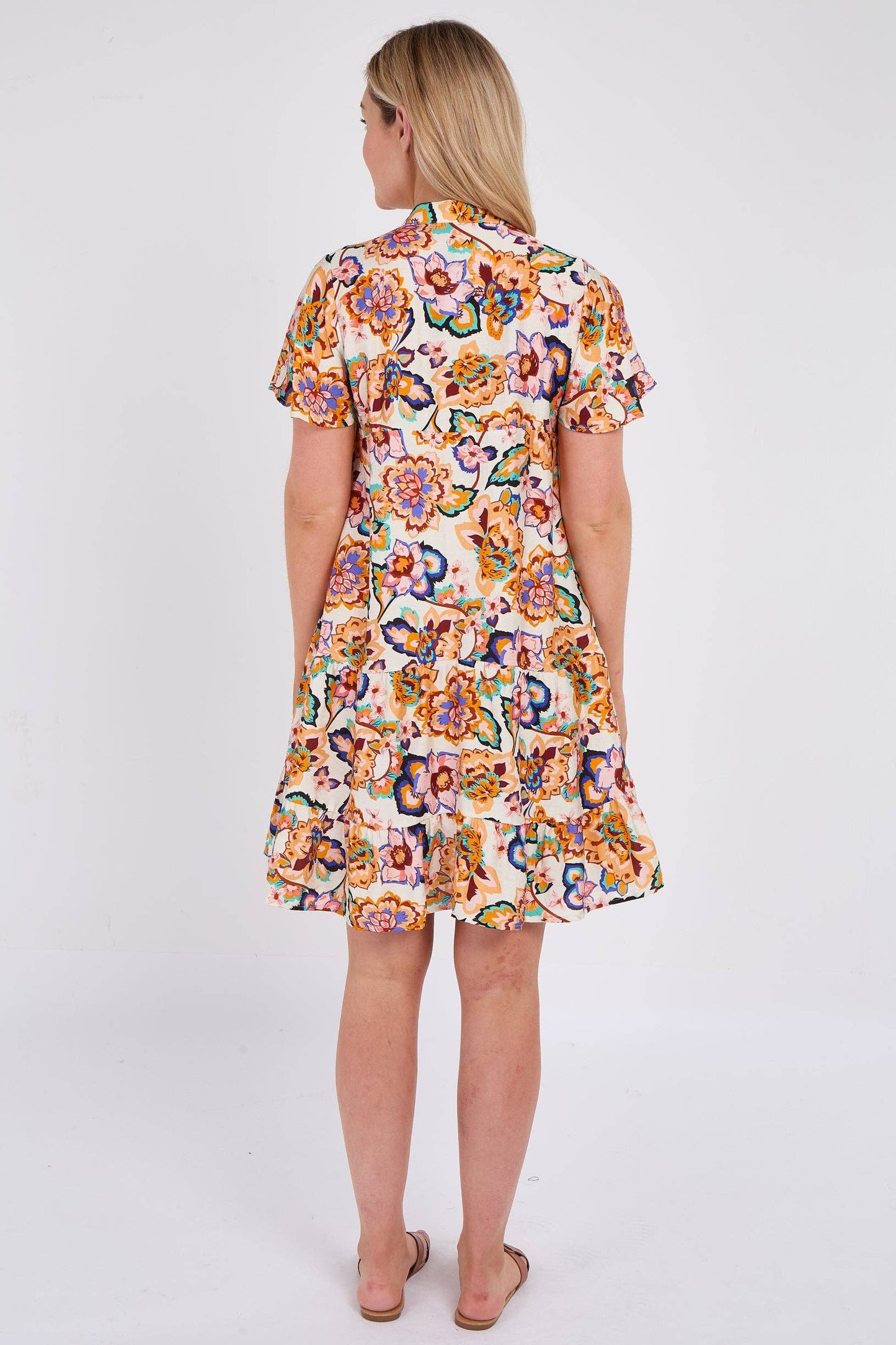 White Bloom Print Ruffle Hem Mini Shirt Dress