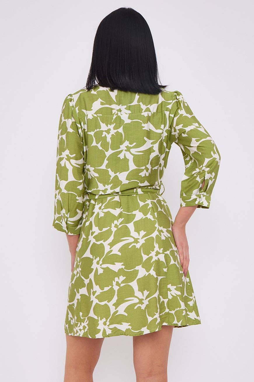 Olive Floral Print Belted Mini Shirt Dress