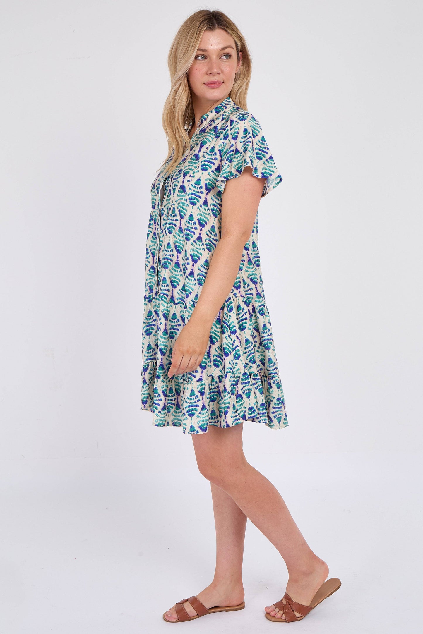 Teal Patterned Print Ruffle Hem Mini Dress