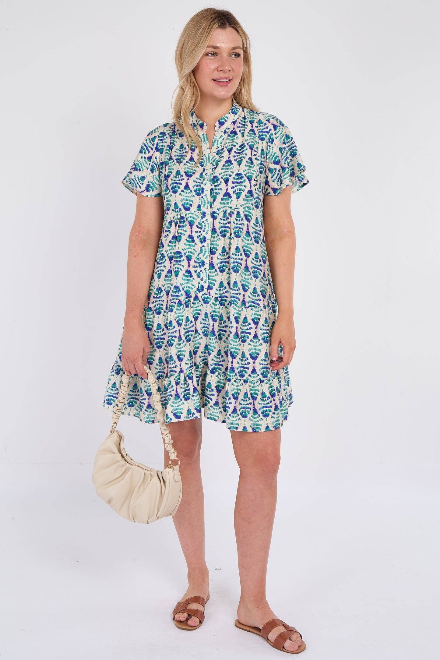 Teal Patterned Print Ruffle Hem Mini Dress