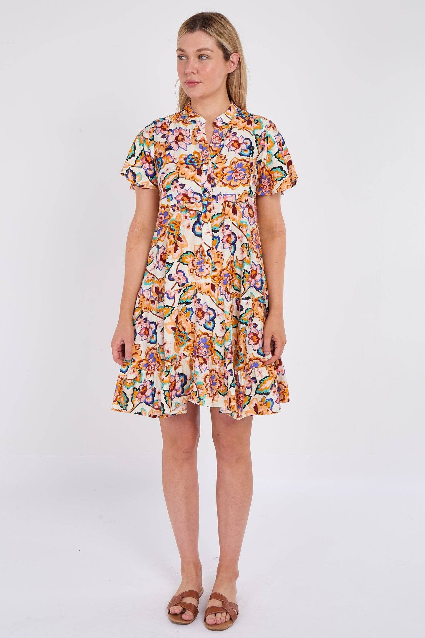 White Bloom Print Ruffle Hem Mini Shirt Dress