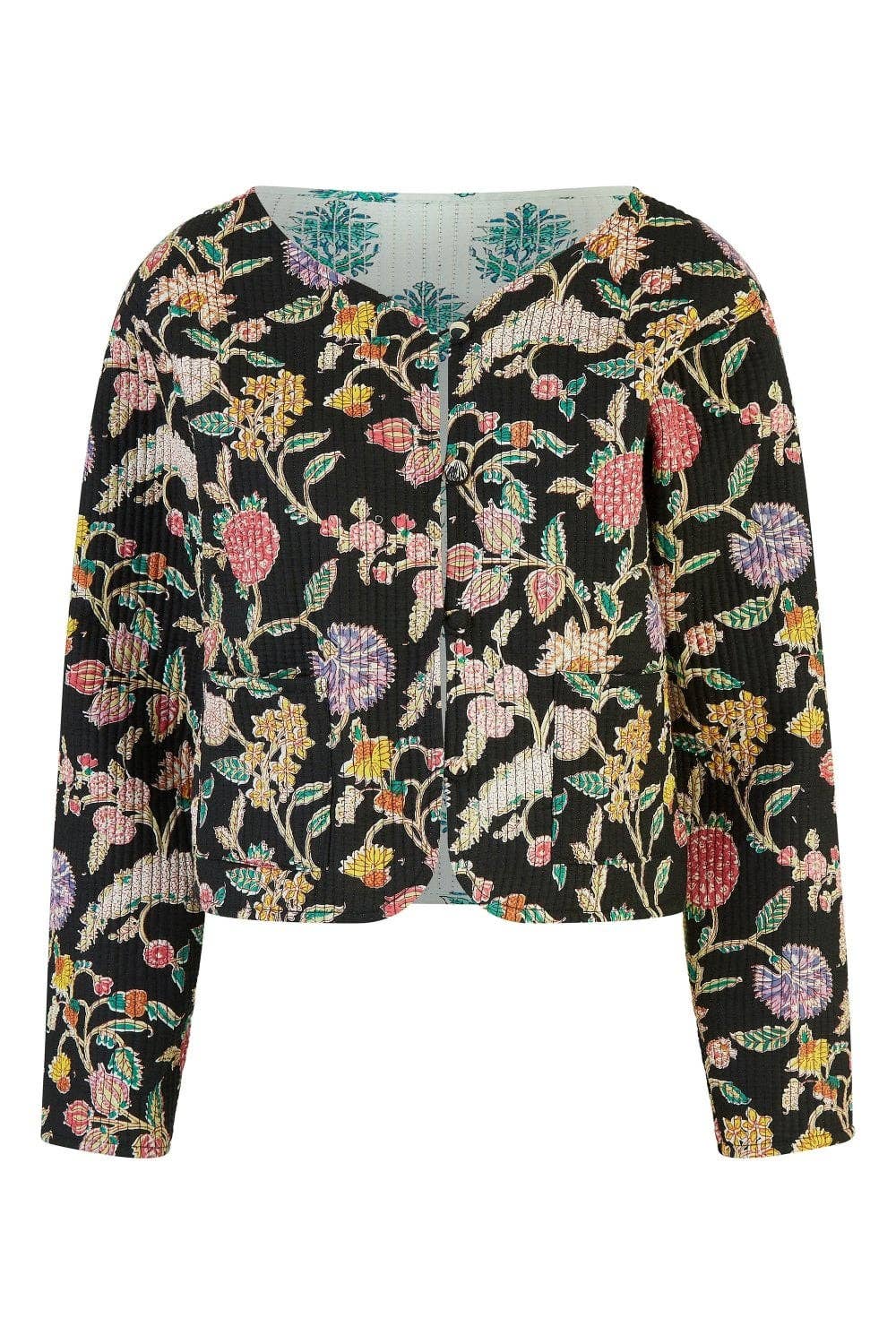 Yumi Black Floral Print Reversible Cotton Quilted Jacket