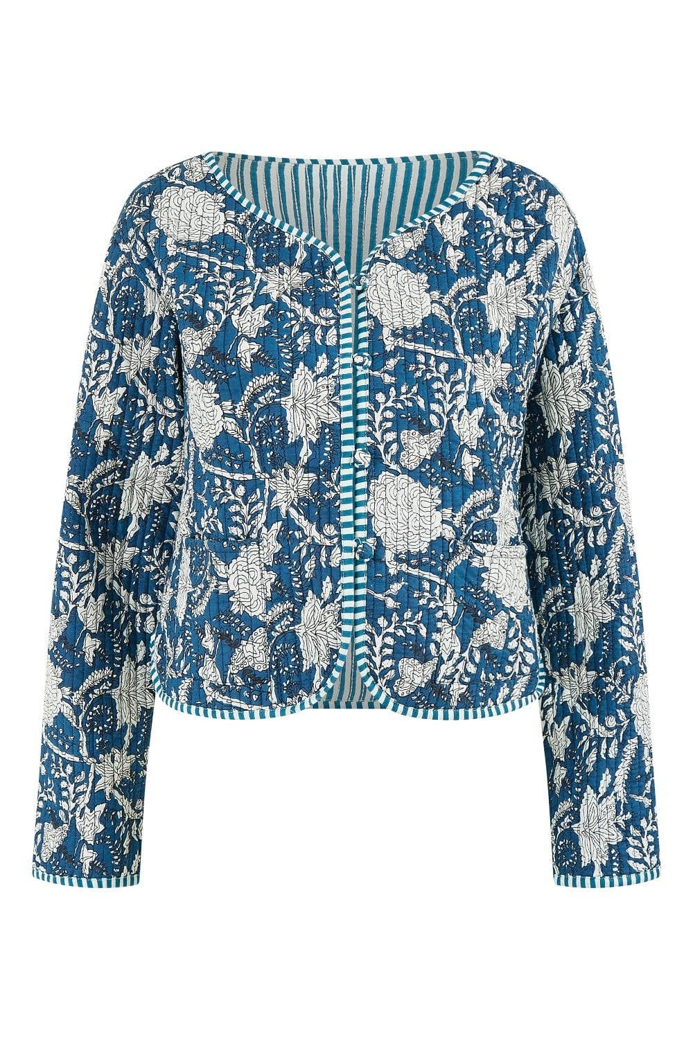 Yumi Blue Patchwork Print Reversible Cotton Quilted Jacket