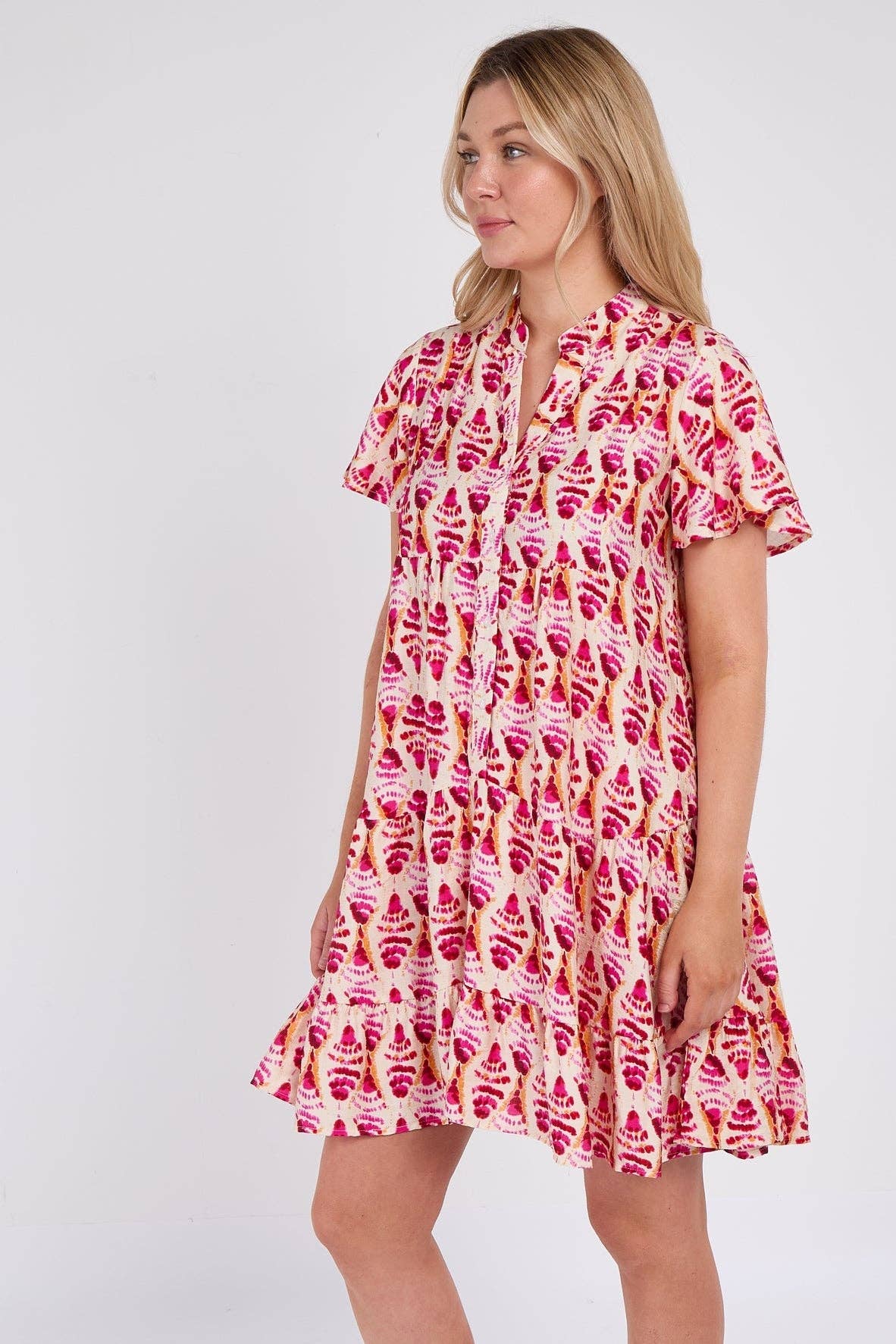 Pink Patterned Print Ruffle Hem Mini Dress