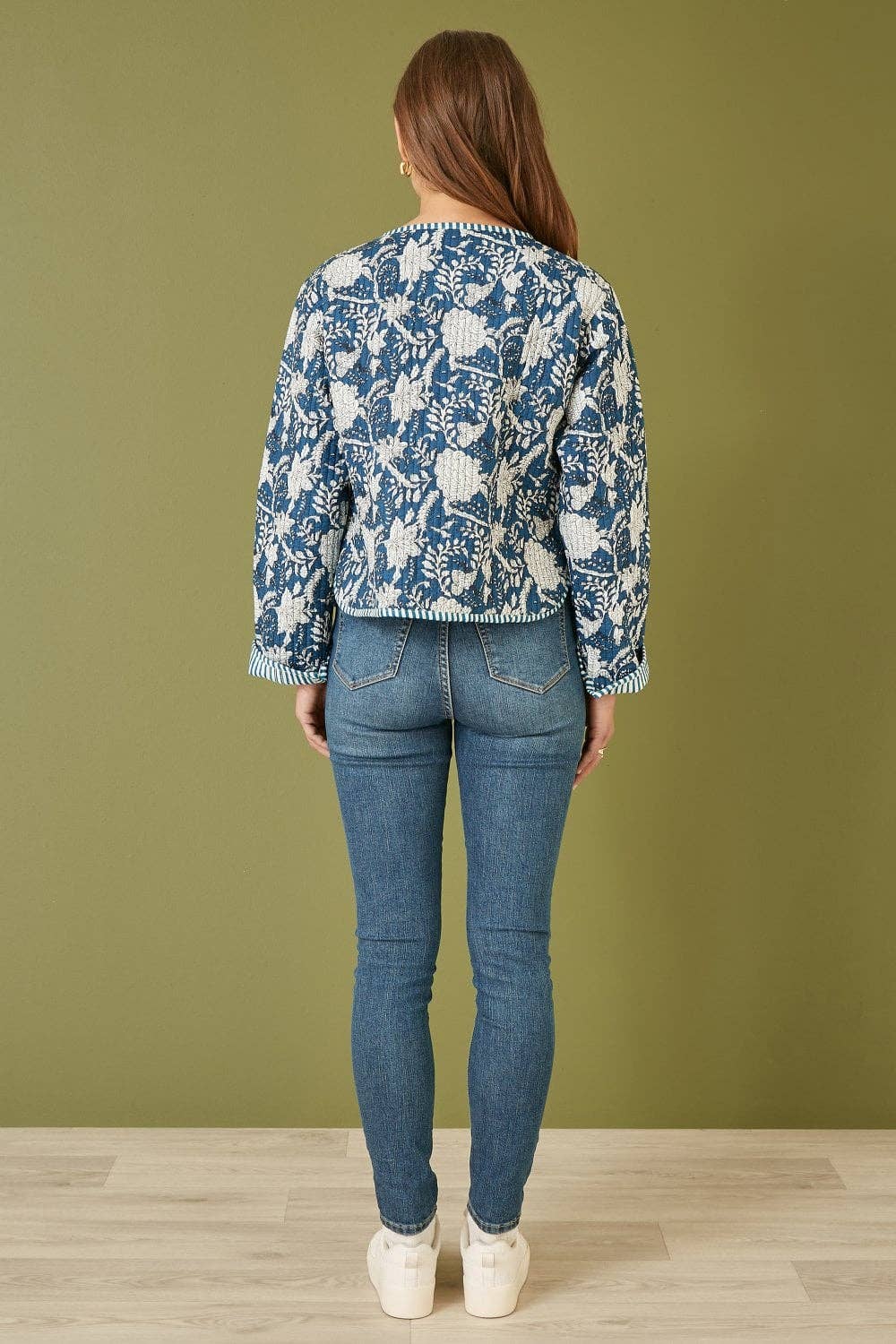 Yumi Blue Patchwork Print Reversible Cotton Quilted Jacket