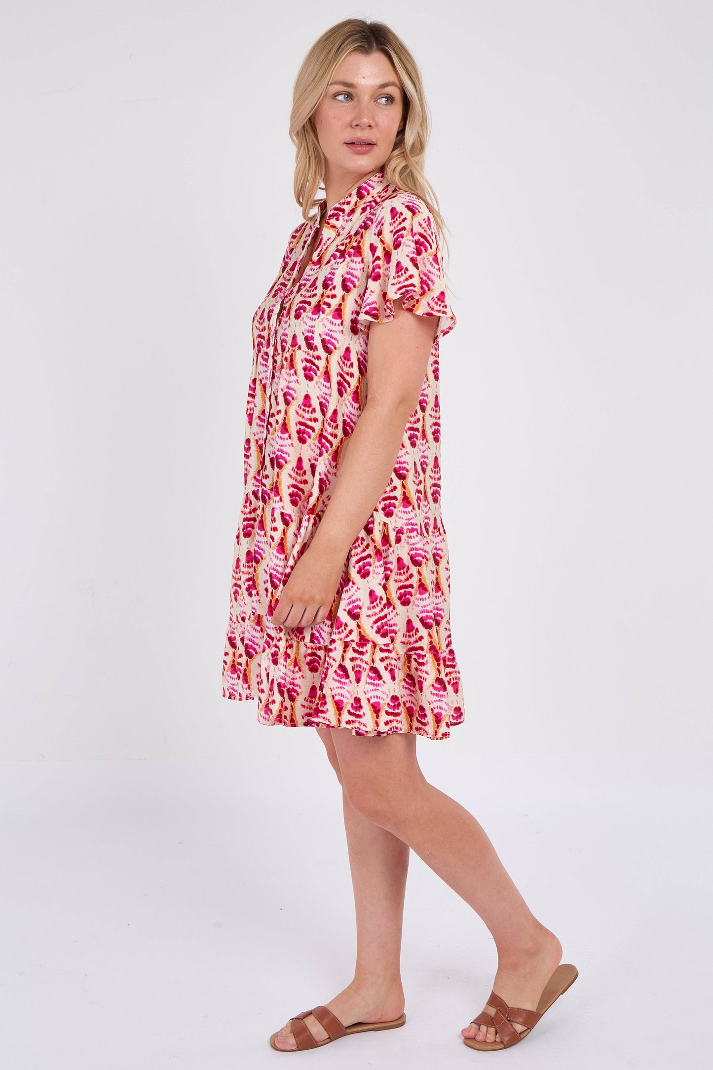 Pink Patterned Print Ruffle Hem Mini Dress