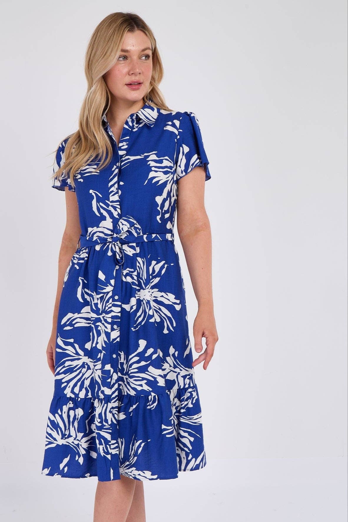 Cobalt Floral Print Frilled Hem Midi Dress
