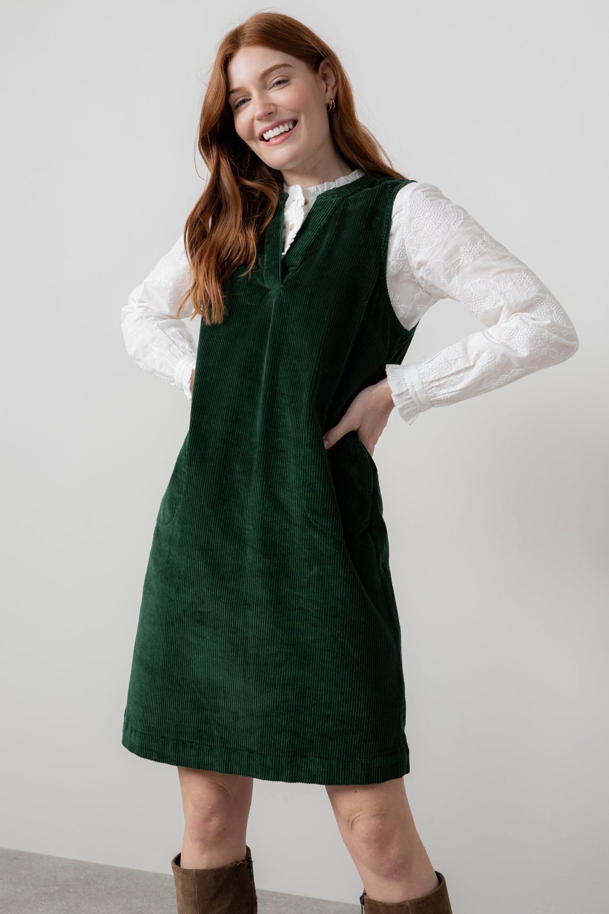 Lily & Me Belle Jumbo Cord Dress Pine Green