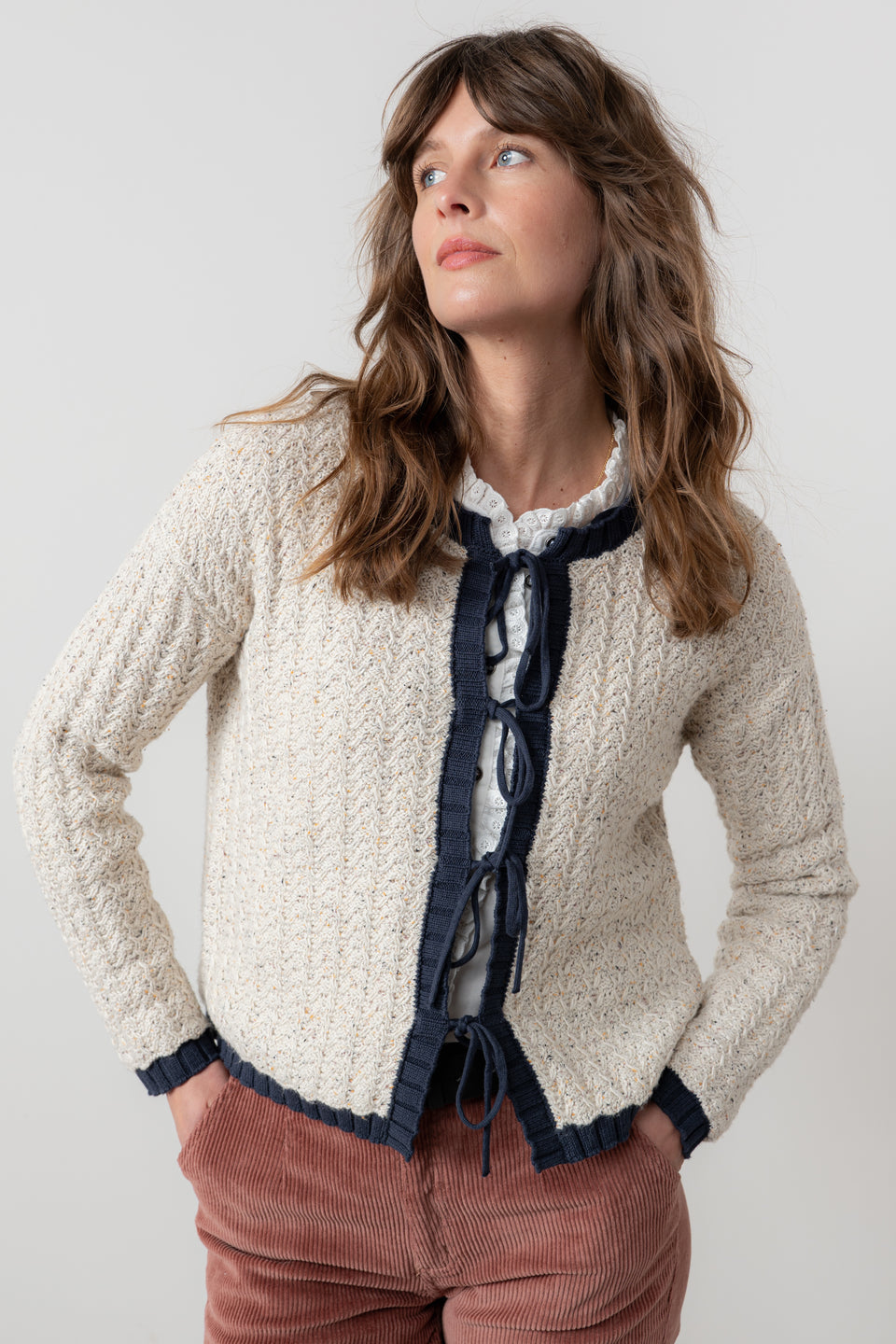 Lily & Me Adelia Fleck Knit Cardigan Ecru & Navy