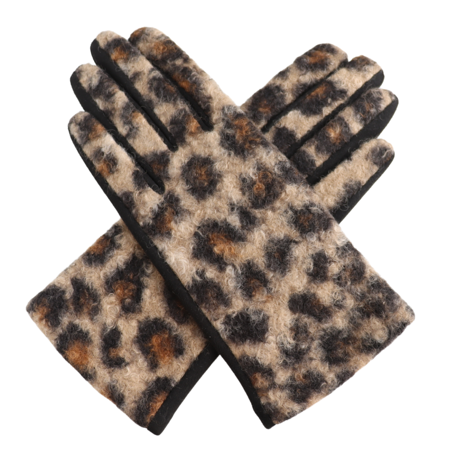 Borg Leopard Print Gloves - Natural