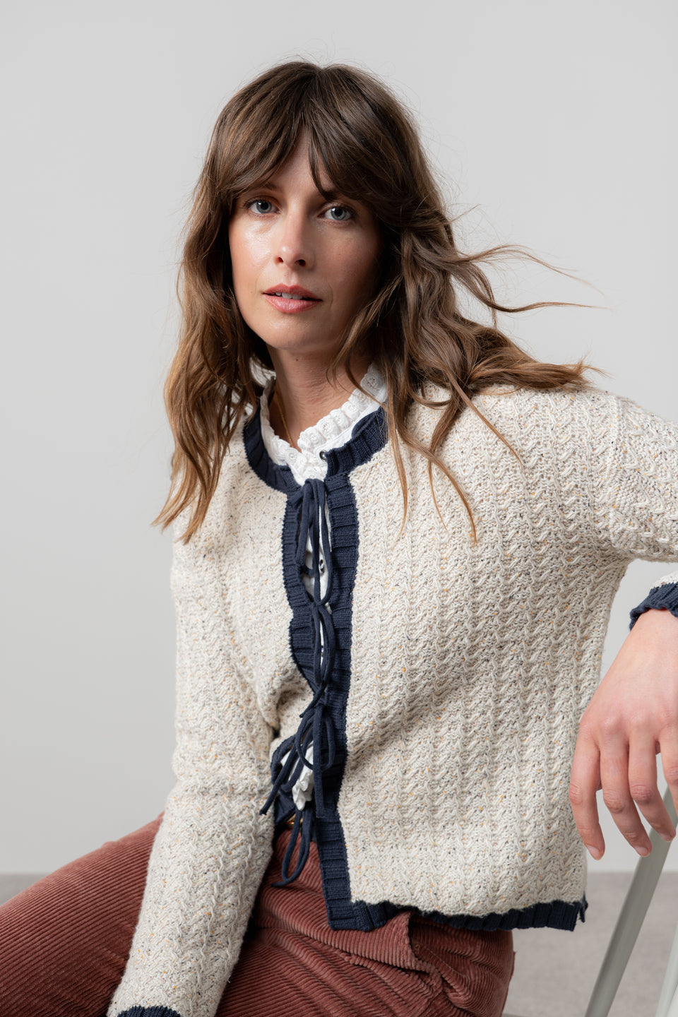 Lily & Me Adelia Fleck Knit Cardigan Ecru & Navy