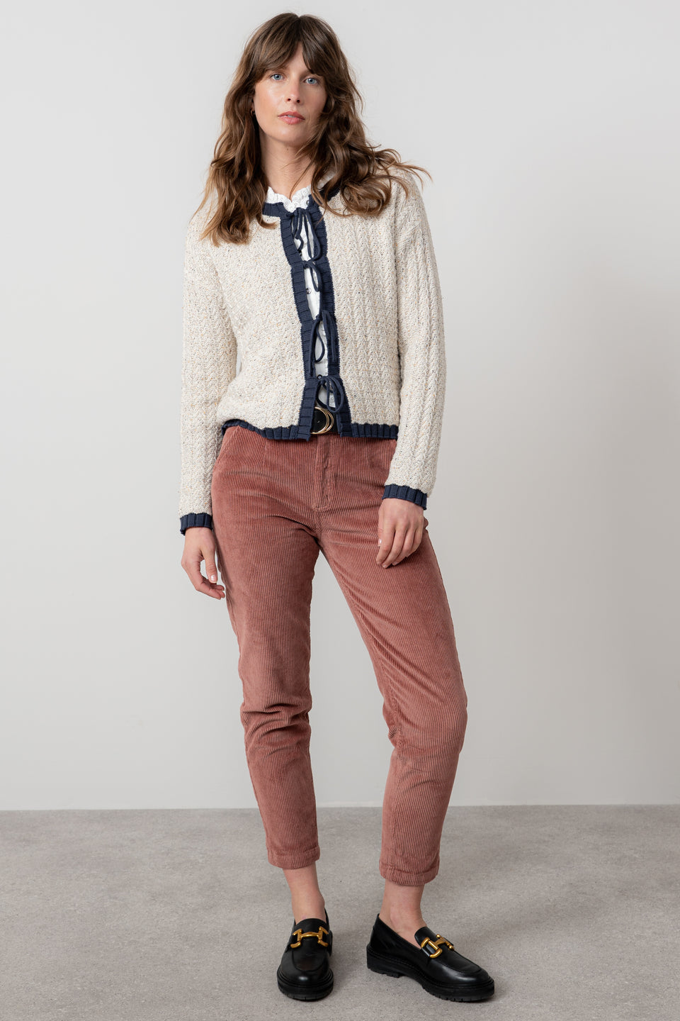 Lily & Me Adelia Fleck Knit Cardigan Ecru & Navy