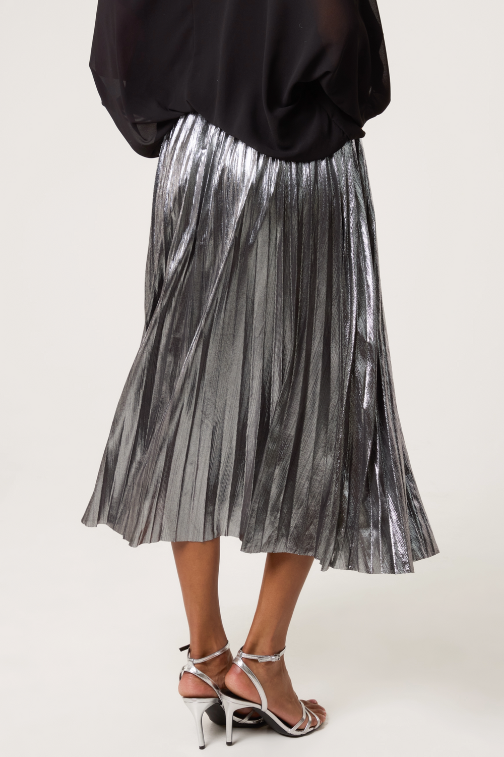 Metallic Pleated Midi Skirt Pewter