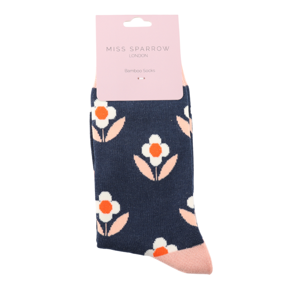 Navy Retro Daisies Bamboo Socks