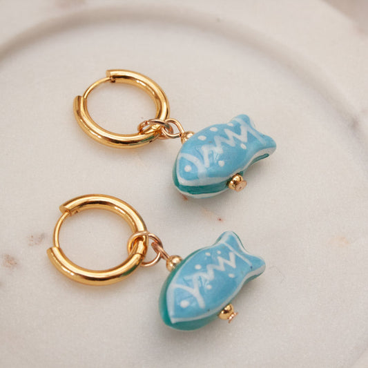 LAST TRUE ANGEL 18ct Plated Gold Huggie Hoops with Ceramic Fish