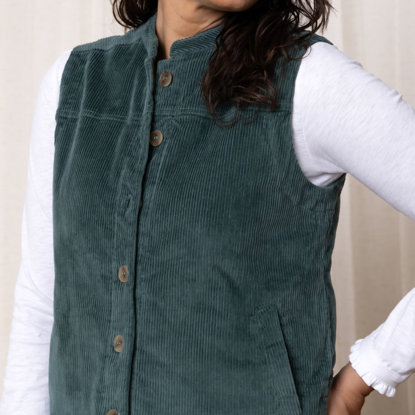Lily & Me Sunnyside Cord Gilet in Duck Egg