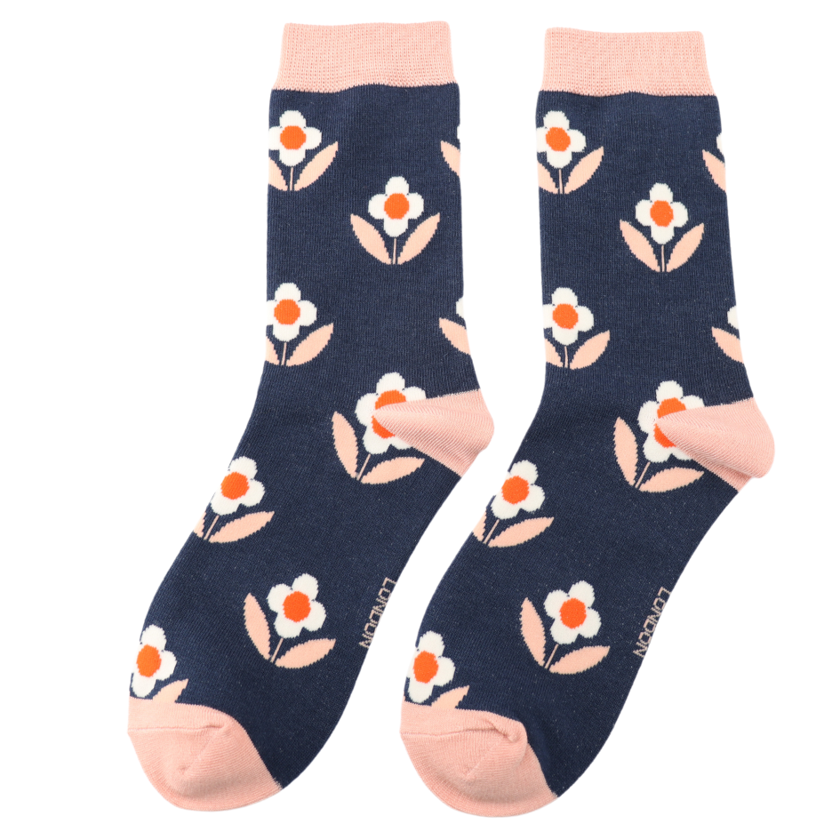 Navy Retro Daisies Bamboo Socks