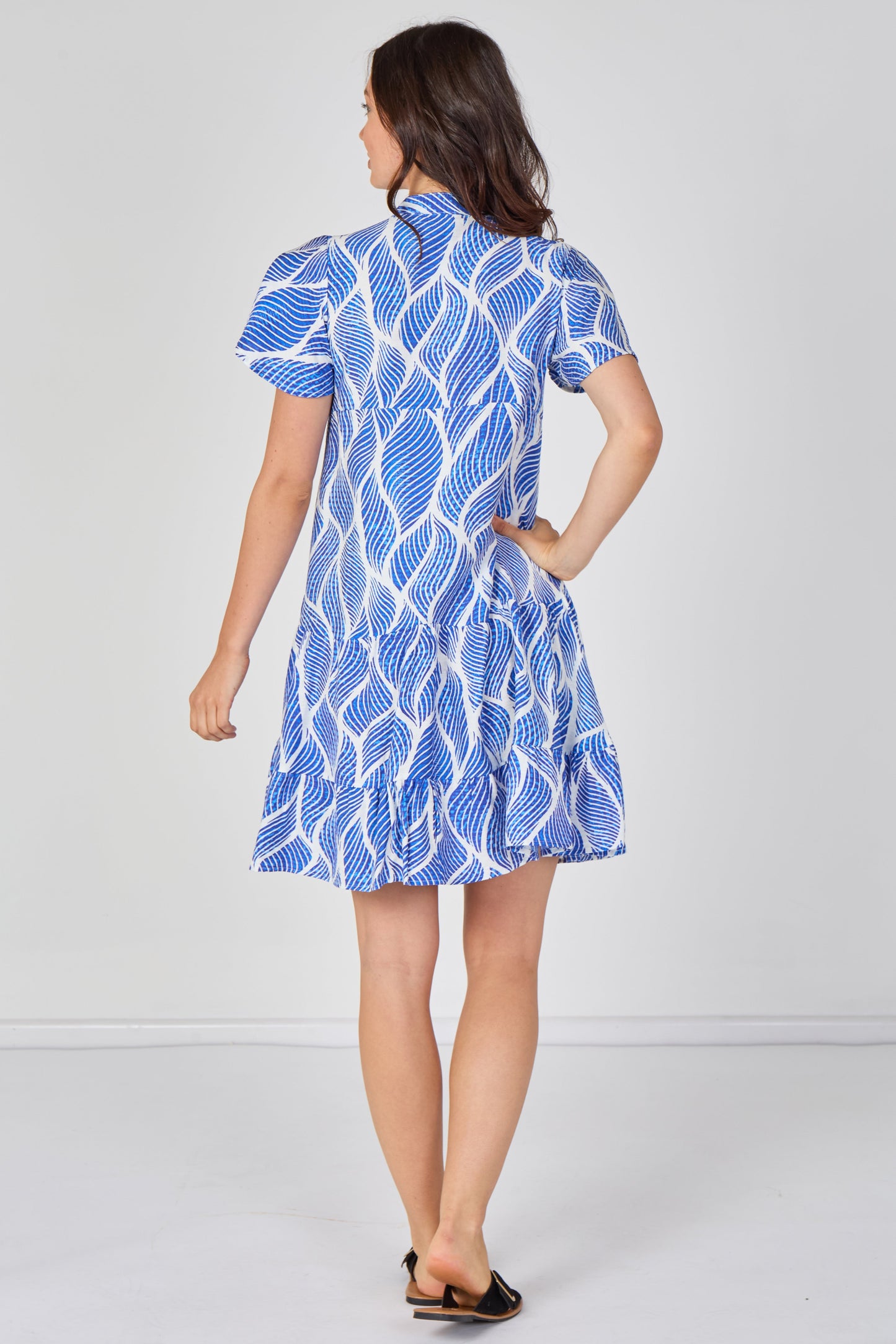Leaf Print Tiered Mini Dress in Cobalt