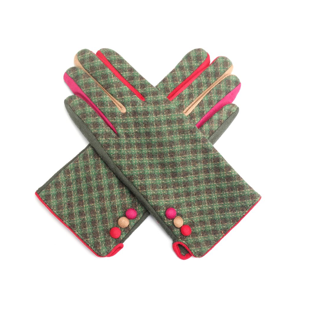 Printed Colour Block Gloves - Olive