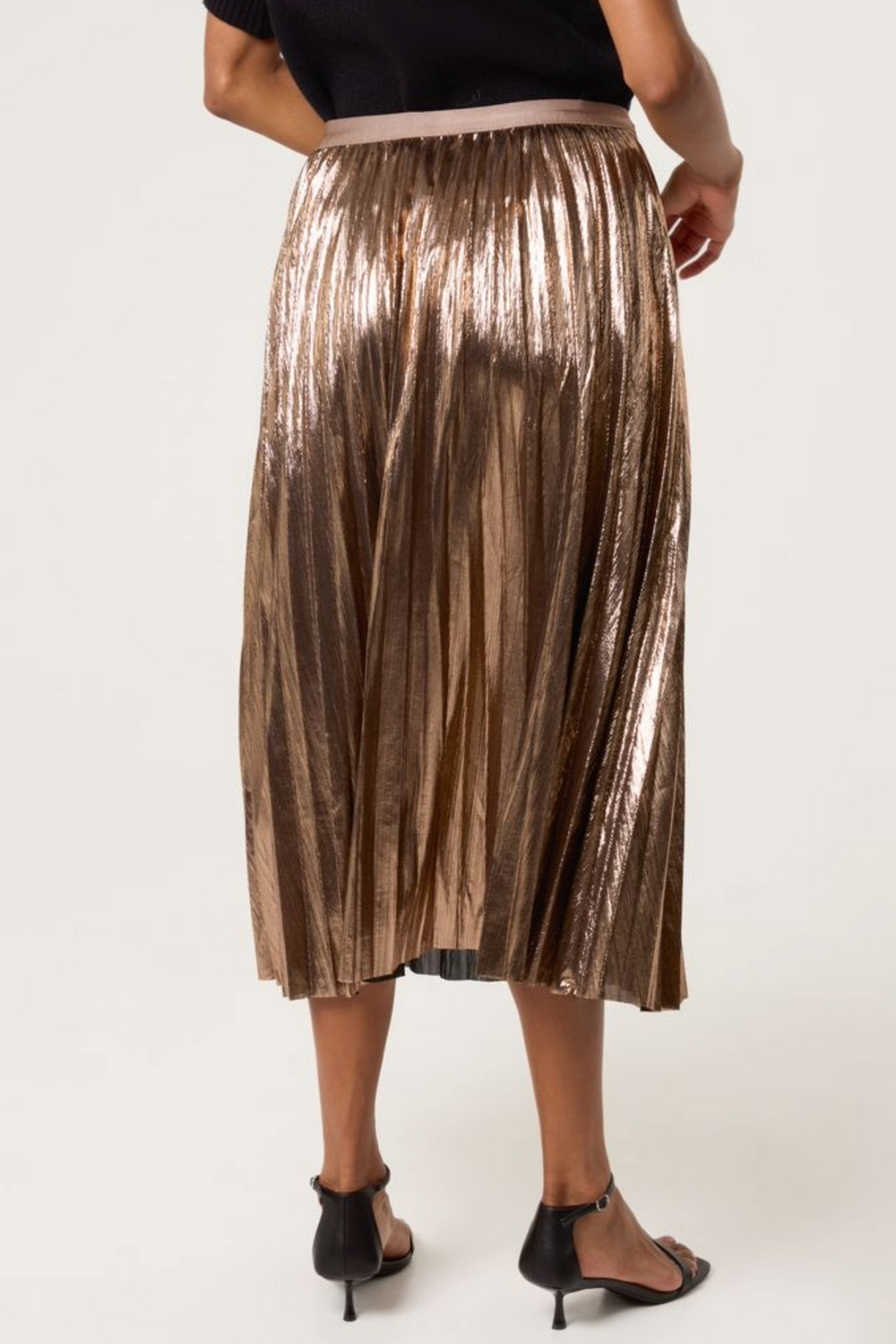 Metallic Pleated Midi Skirt Rose Gold