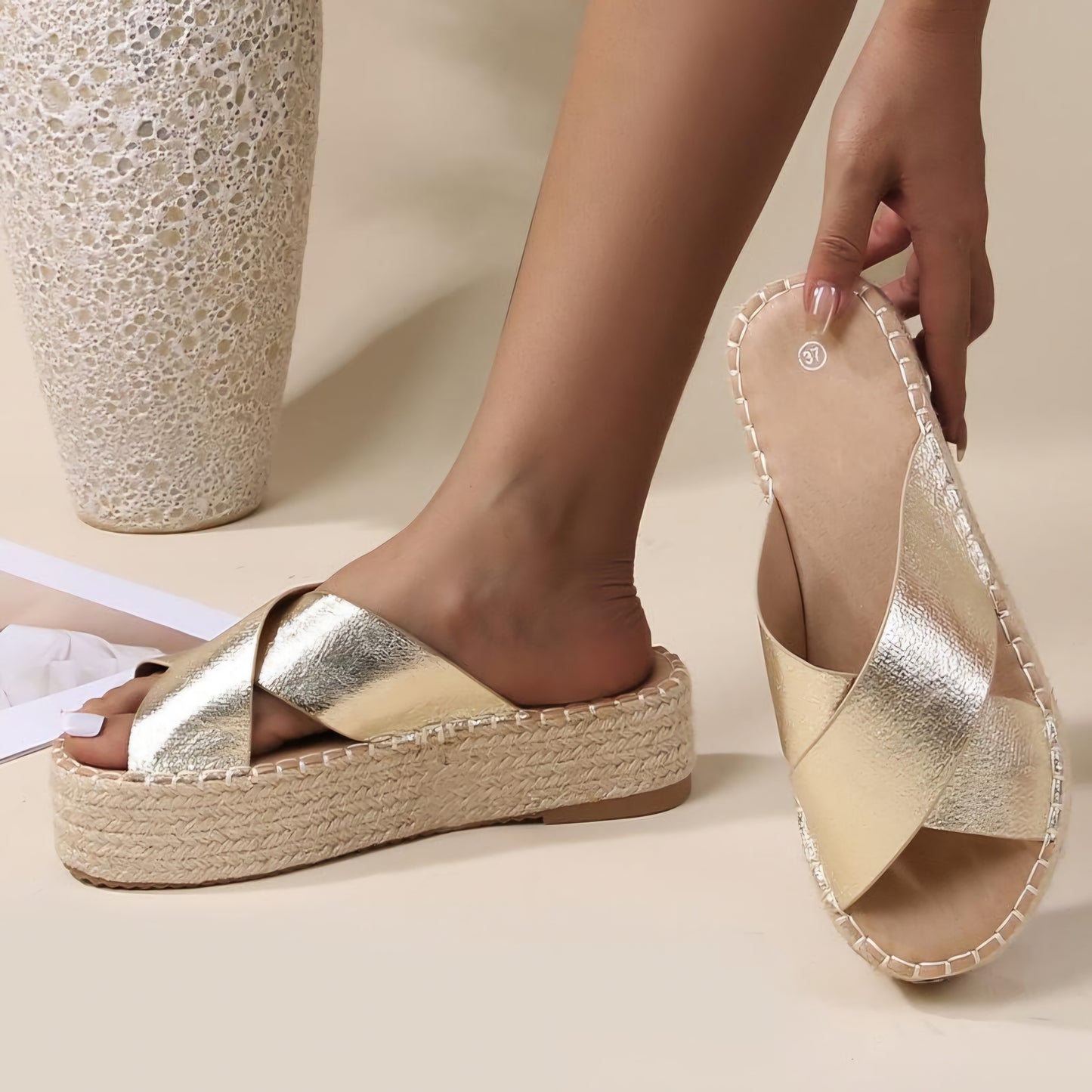 Metallic Gold Espadrille Platfrom Slides