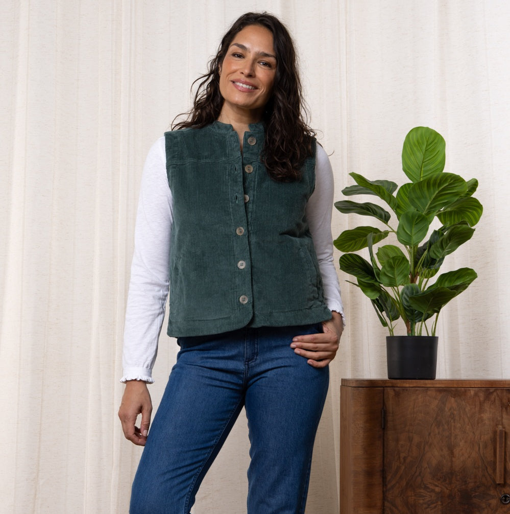 Lily & Me Sunnyside Cord Gilet in Duck Egg