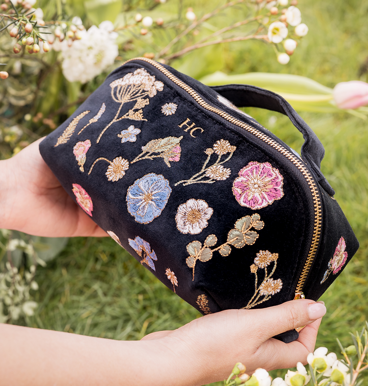 Pressed Flower Open Flat Makeup Bag in Charcoal