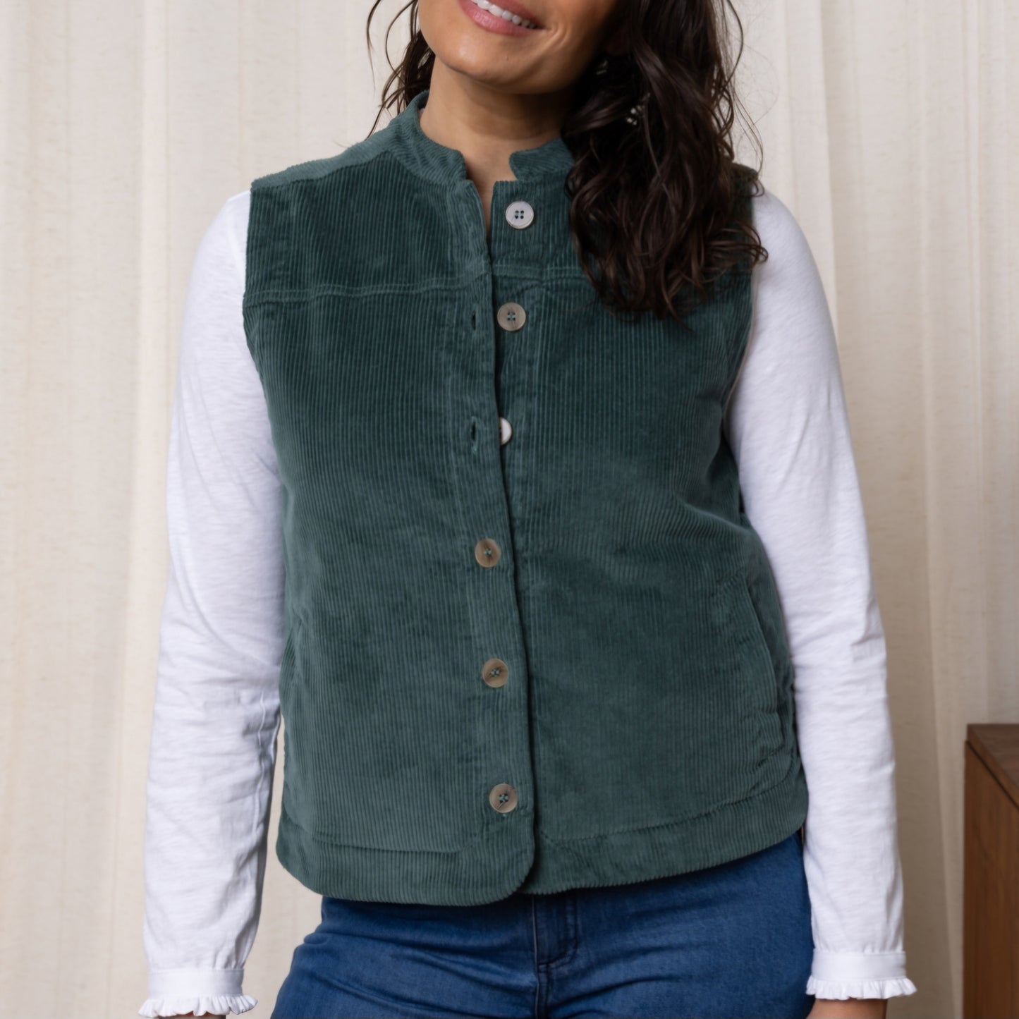 Lily & Me Sunnyside Cord Gilet in Duck Egg