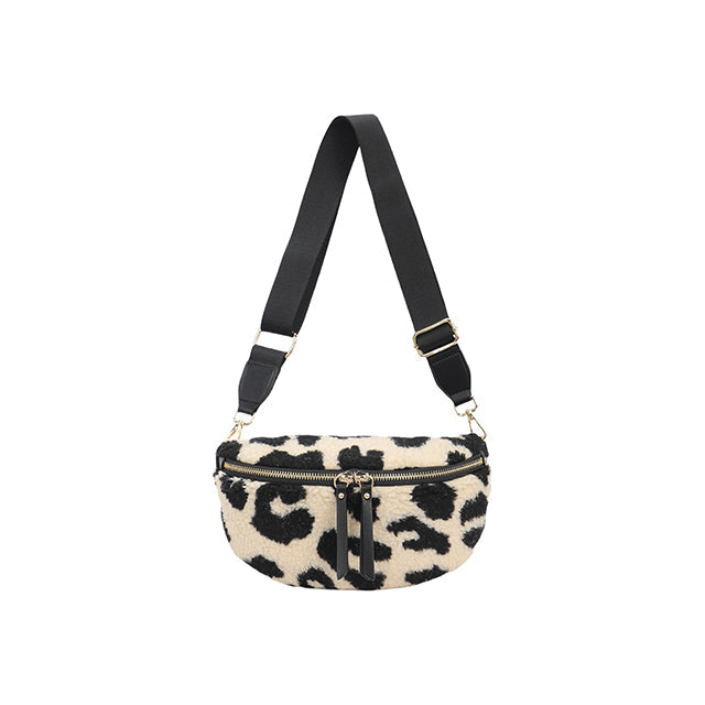 Animal Print Borg Fleece Zip Front Cross Body Bag
