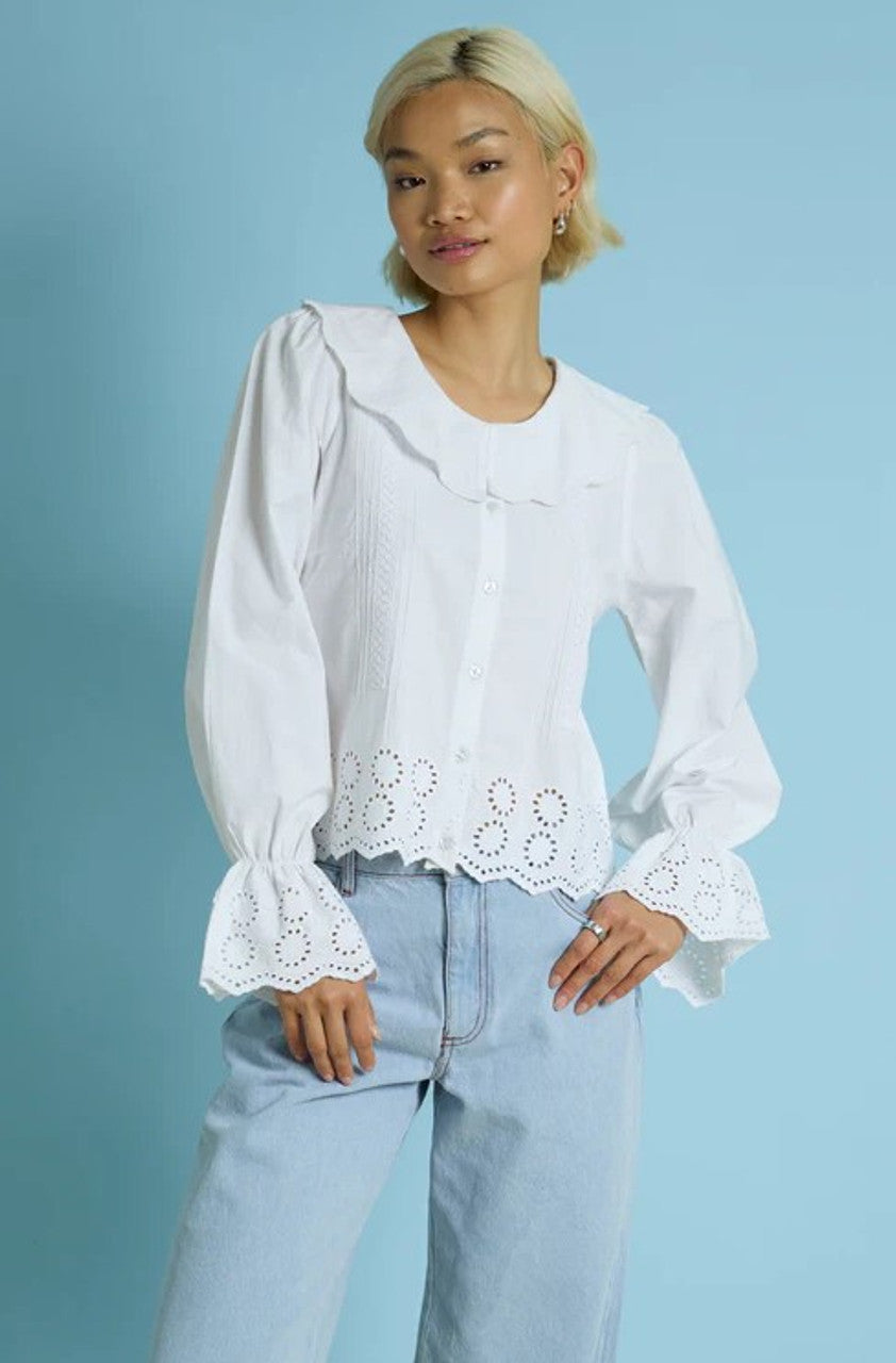 Neon Rose Scalloped Collar Broderie Blouse