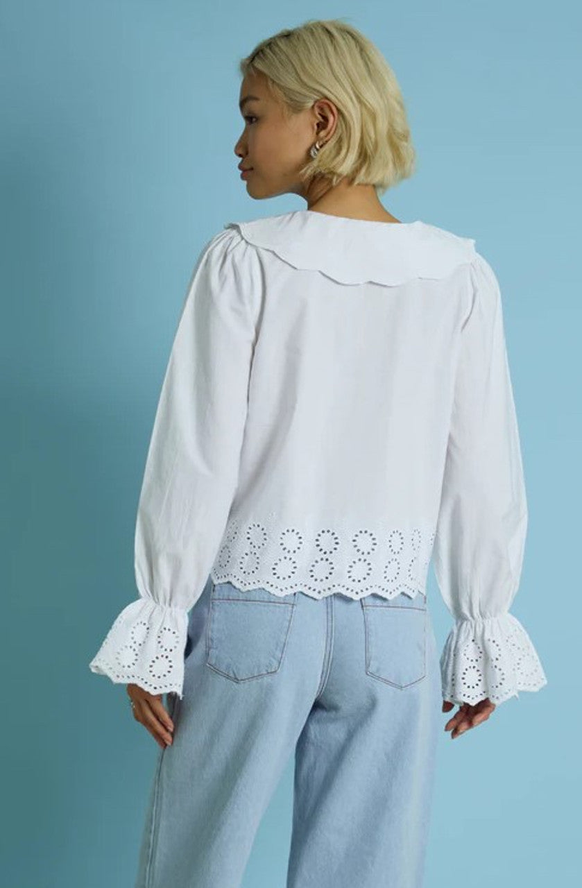 Neon Rose Scalloped Collar Broderie Blouse