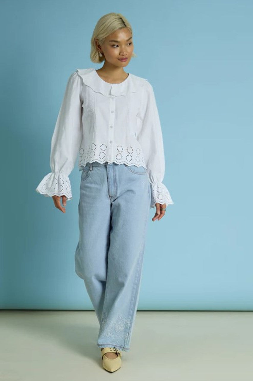 Neon Rose Scalloped Collar Broderie Blouse