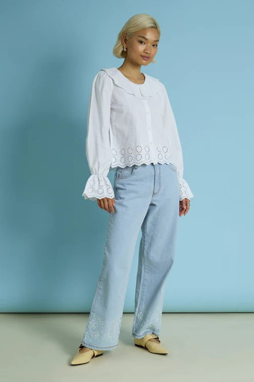 Neon Rose Scalloped Collar Broderie Blouse