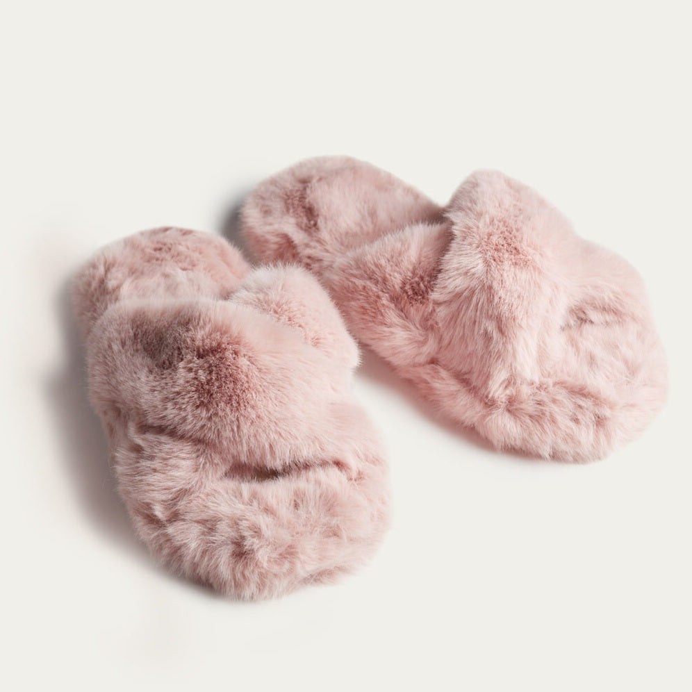 Fluffy Crossover Slippers Dusky Pink