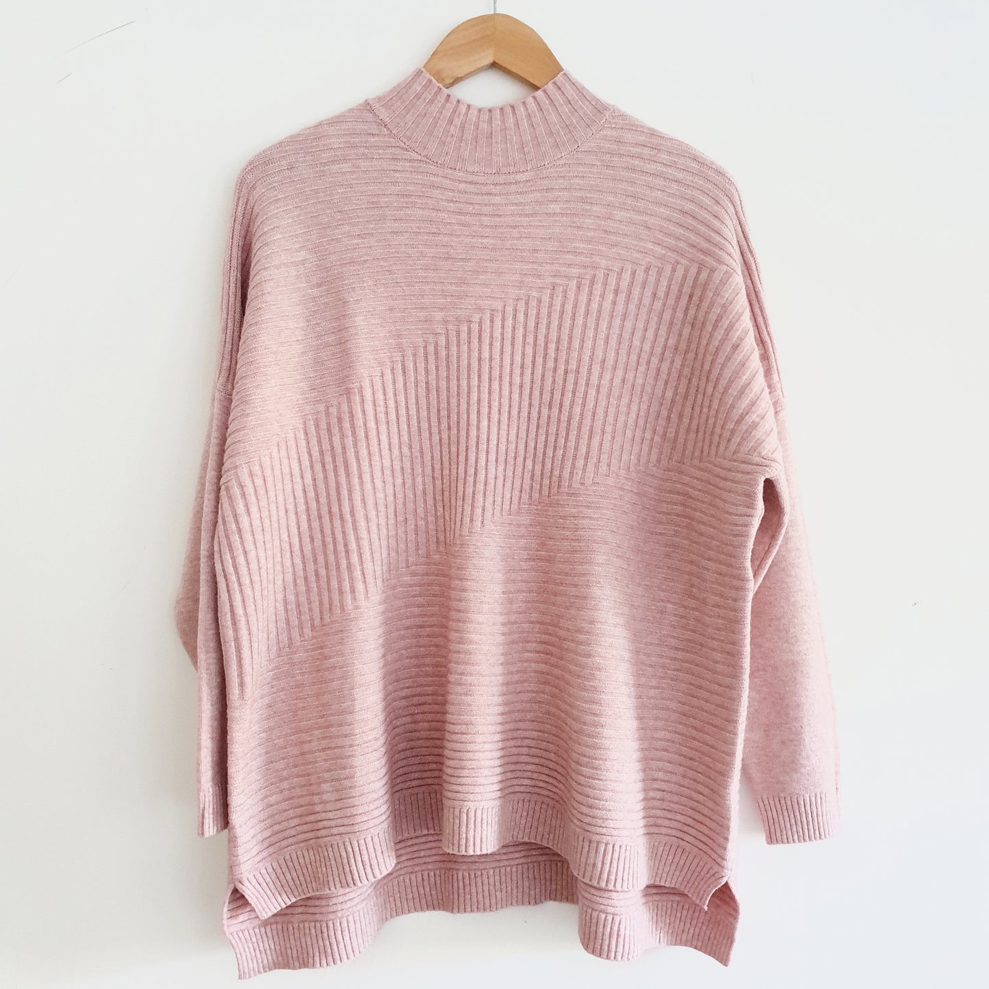 Ribbed Funnel Neck Jumper in Pink