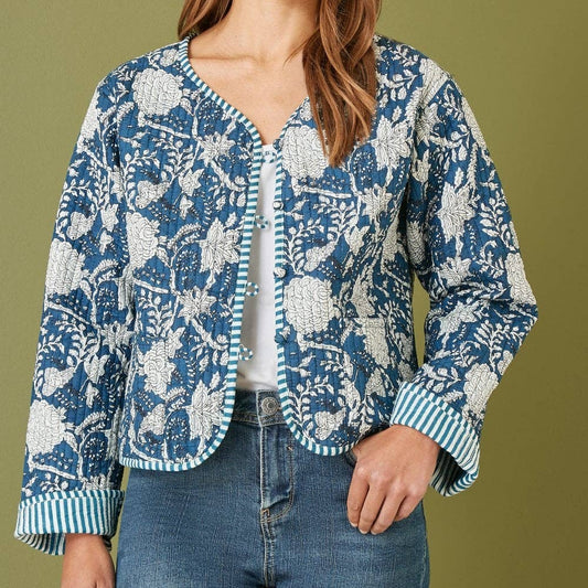 Yumi Blue Patchwork Print Reversible Cotton Quilted Jacket