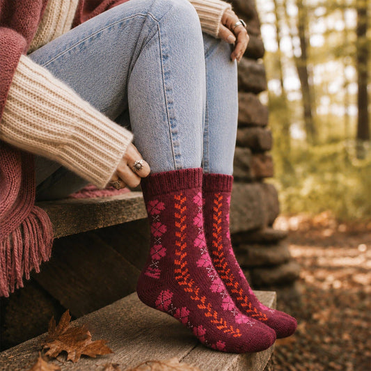 Thick Floral Wool Blend Socks in Maroon (3-7)