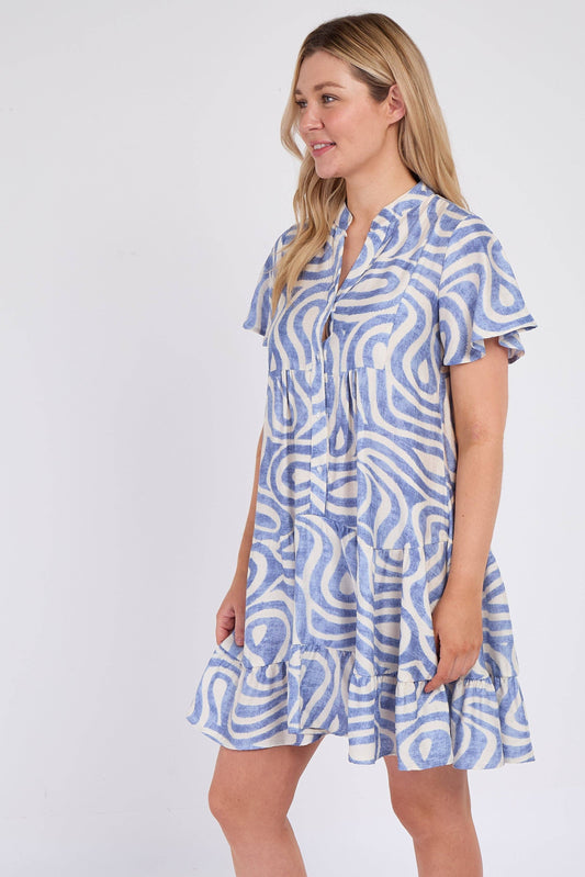 Blue Twirl Print Short Sleeve Flared Mini Dress