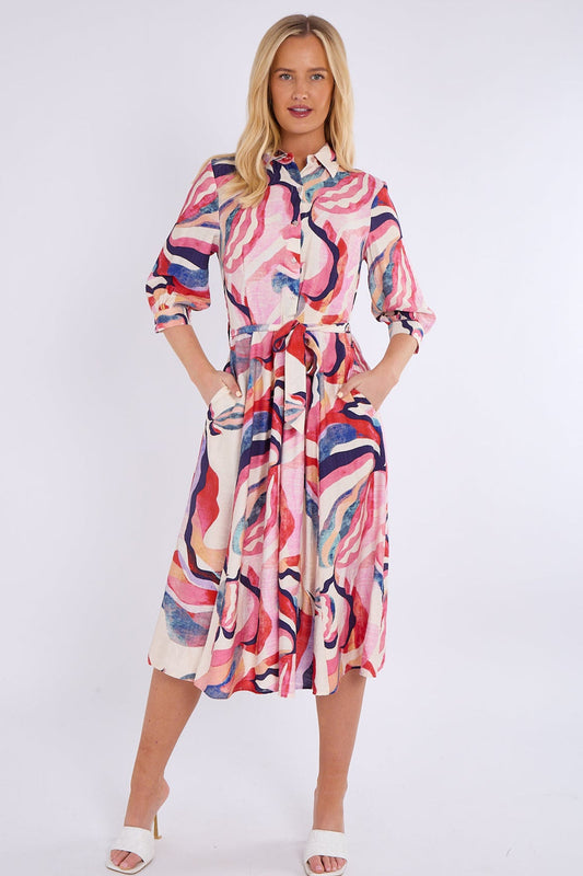 Pink & Navy Pattern Print Midi Shirt Dress