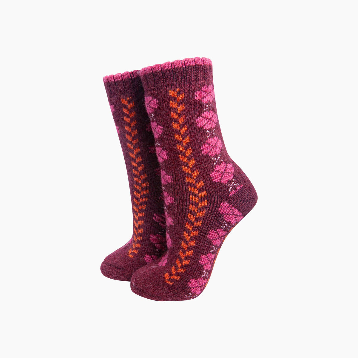 Thick Floral Wool Blend Socks in Maroon (3-7)