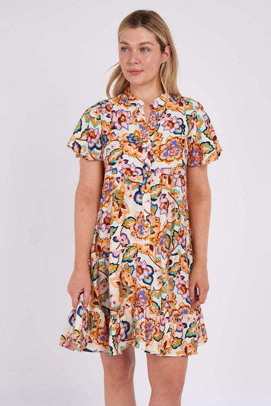White Bloom Print Ruffle Hem Mini Shirt Dress