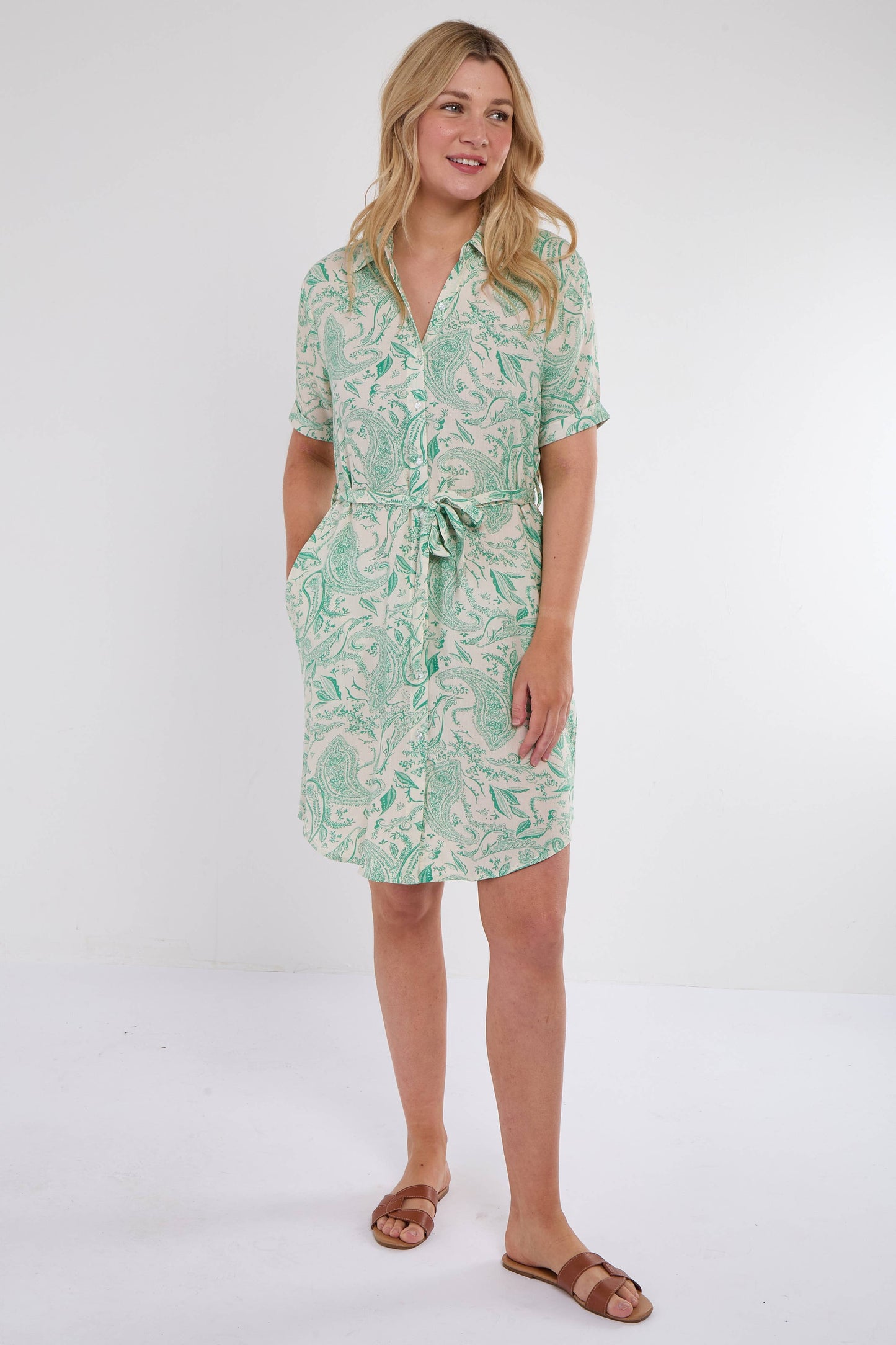 Green Paisley Print Short Sleeve Mini Shirt Dress