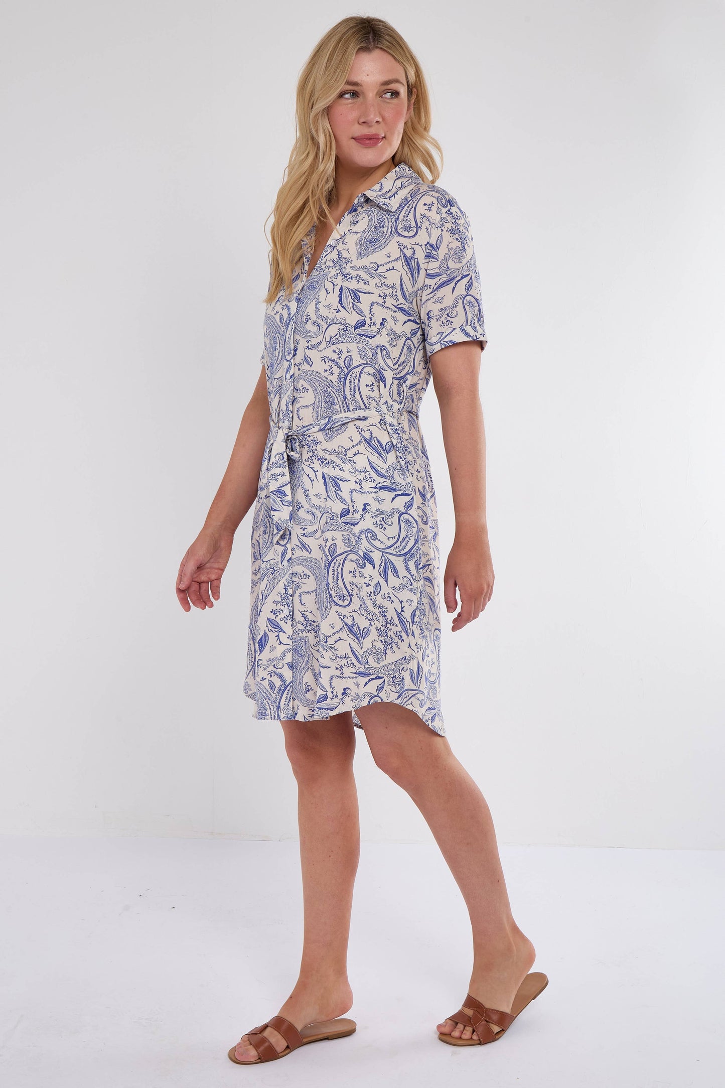 Blue Paisley Print Short Sleeve Mini Shirt Dress